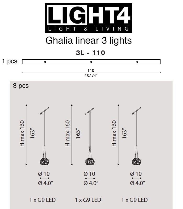LAMPADA A SOSPENSIONE TRE LUCI IN LINEA LIGHT4 GHALIA