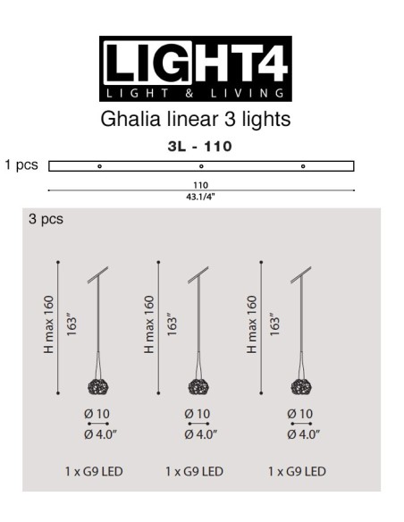 LAMPADA A SOSPENSIONE TRE LUCI IN LINEA LIGHT4 GHALIA